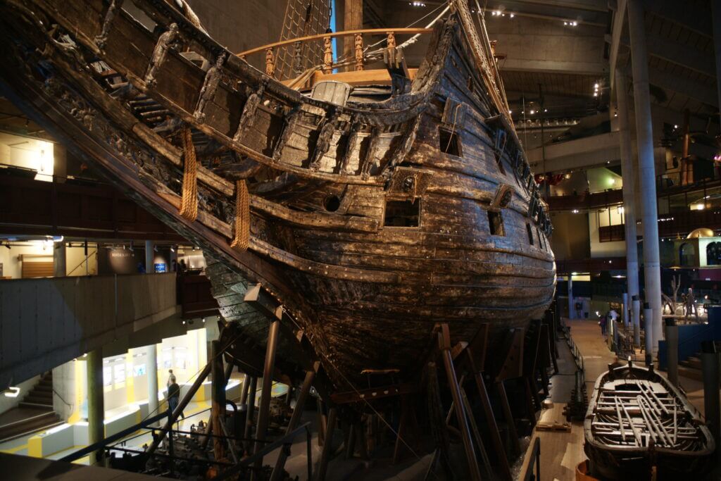 restored Vasa warship on display in the Vasa Museum in Stockholm viewed from the bow