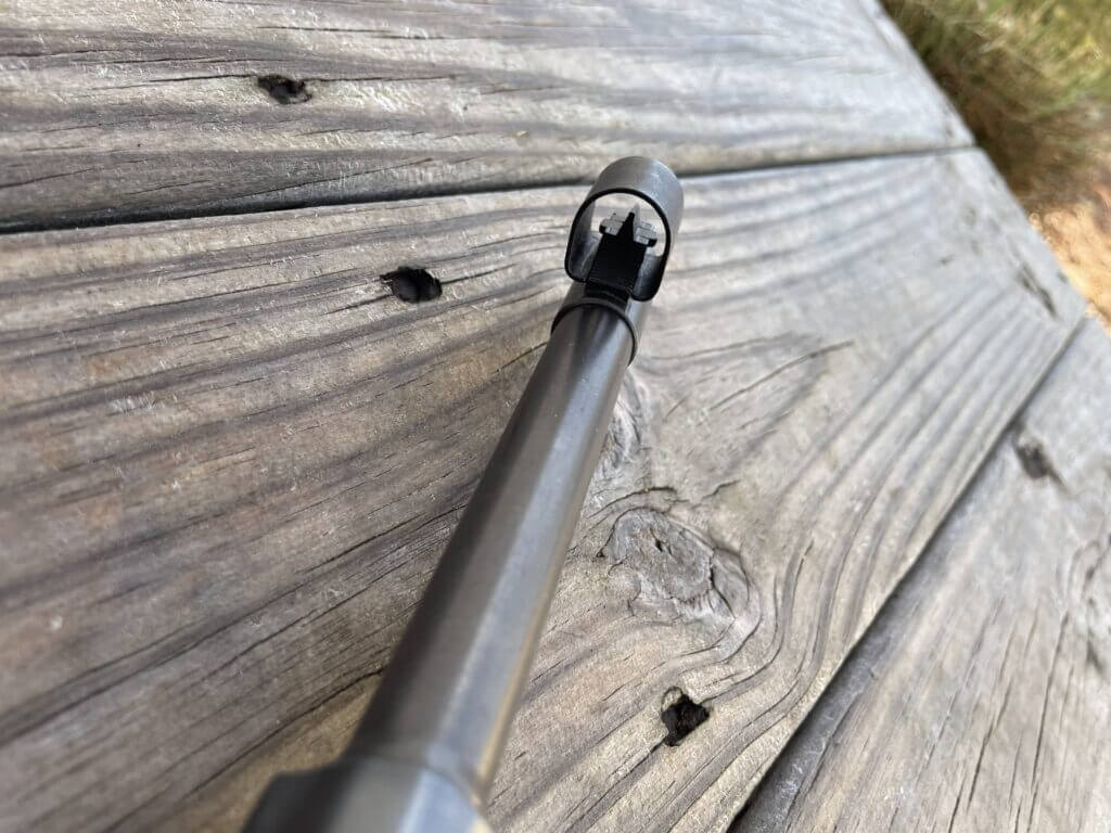 Front sight of Mauser Karabiner 98k with hooded post and serrations