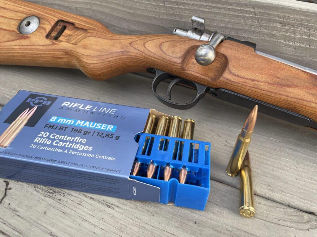 Mauser 98k rifle with PPU 8mm Mauser 198-grain FMJ ammunition