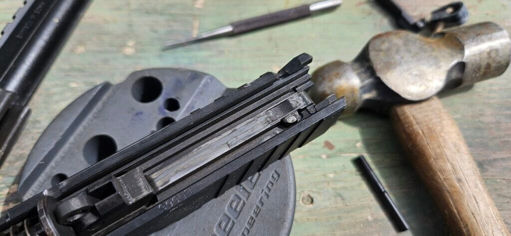 Close-up of the firing pin block system on the EAA Witness2311 CMXX