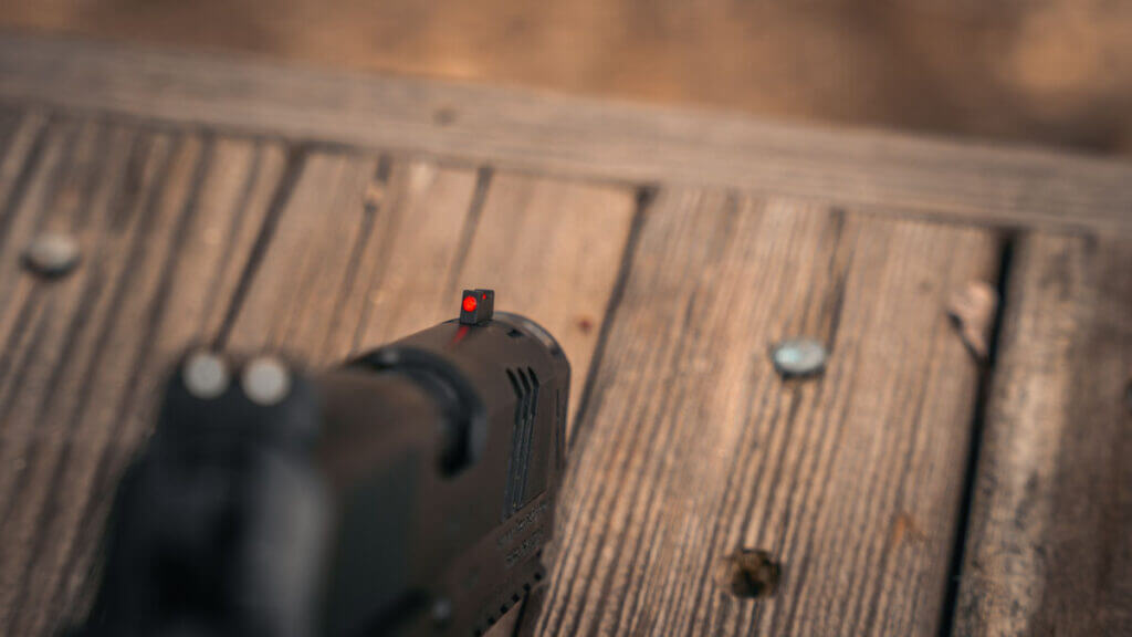 Fiber optic front sight on the EAA Witness2311 CMXX compact 2011 pistol