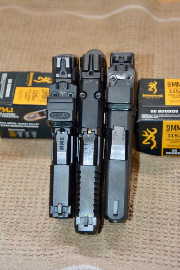 Shield Plus Shield X and Glock 43X MOS lined up side by side for slim 9mm carry comparison