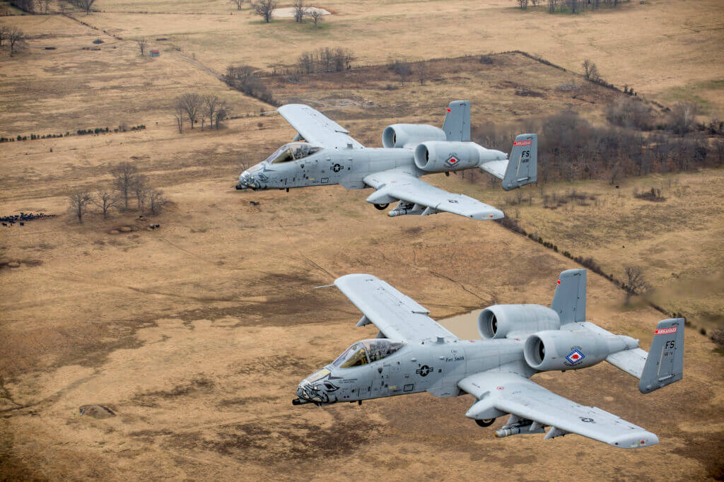 A-10 Thunderbolt II Warthog attack aircraft in flight during training formation