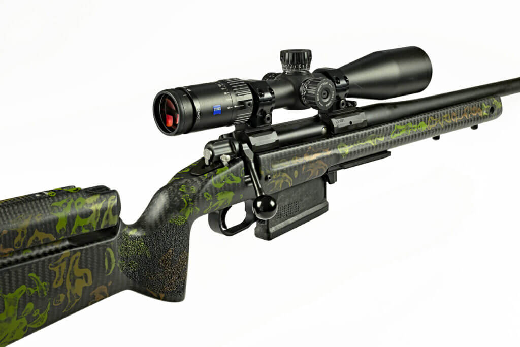 Geissele King Hunter rifle with Zeiss Conquest scope showing its 8 lbs., 1 oz. hunting rifle build