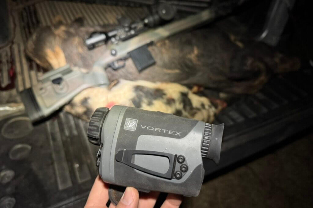Rubber armored housing on the Vortex Veil 400 thermal monocular showing the textured non-slip grip