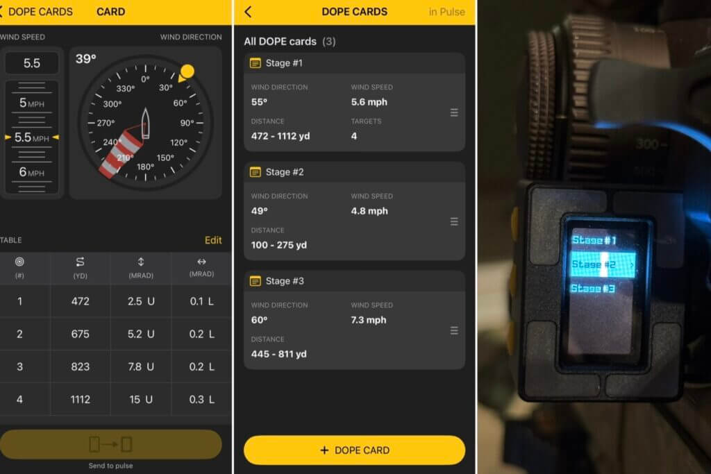 Shooters Global Pulse Pro digital DOPE card screen with target data uploaded from the app
