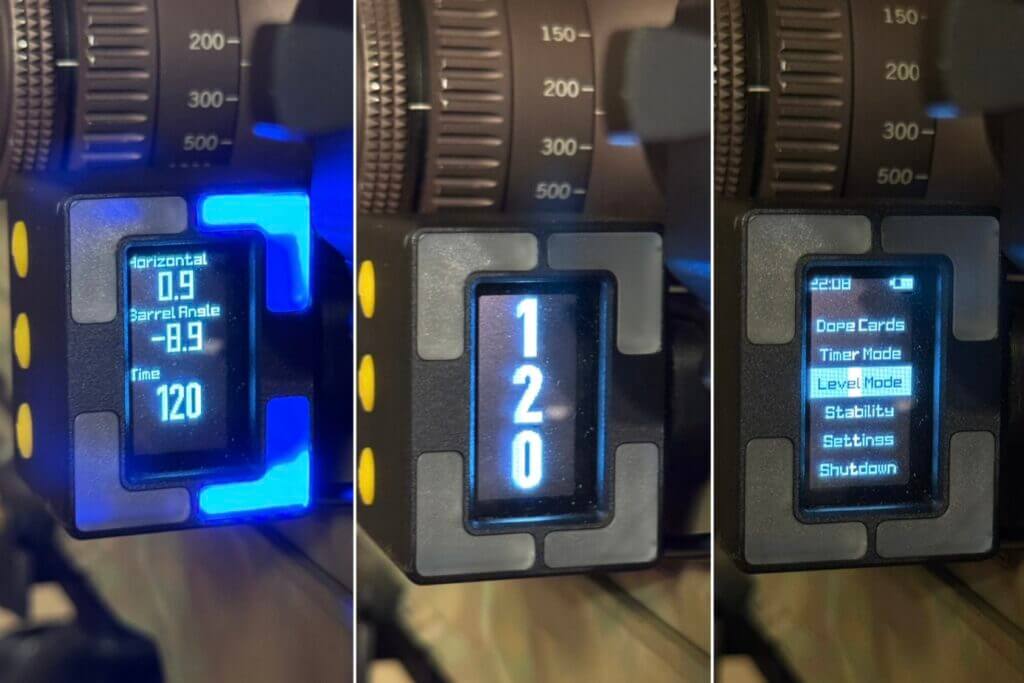 Shooters Global Pulse Pro display showing level mode timer mode and the settings menu