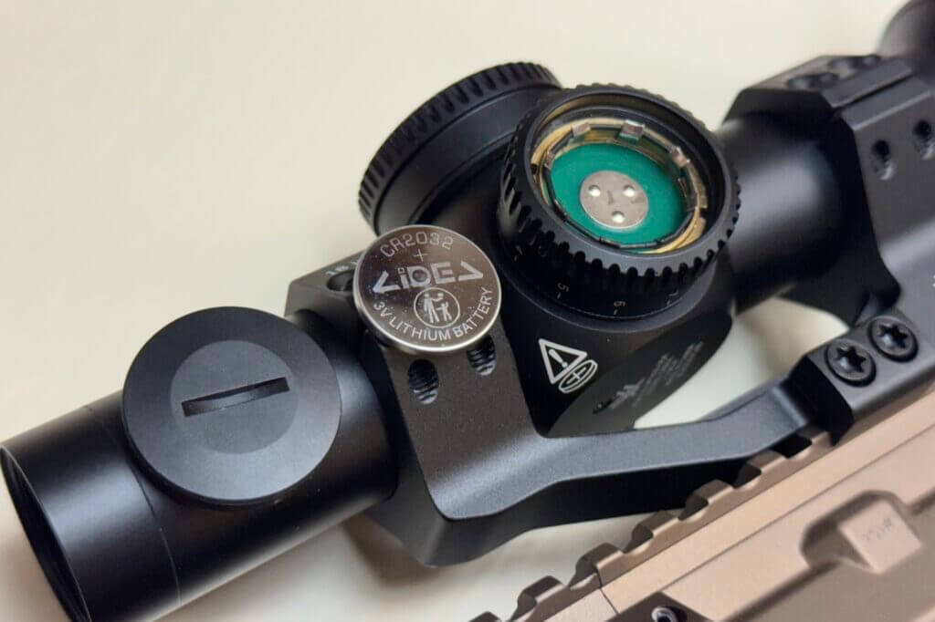 CR2032 battery compartment powering the Vortex Strike Eagle 1-10x24 illuminated reticle