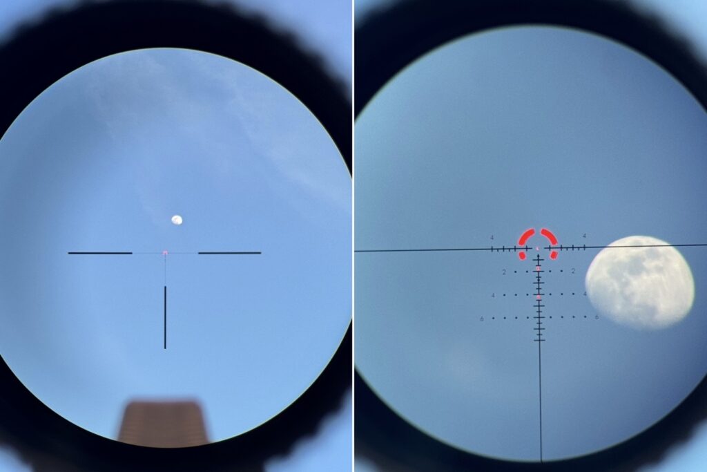 Vortex Strike Eagle 1-10x24 view of the moon at 1x and 10x magnification