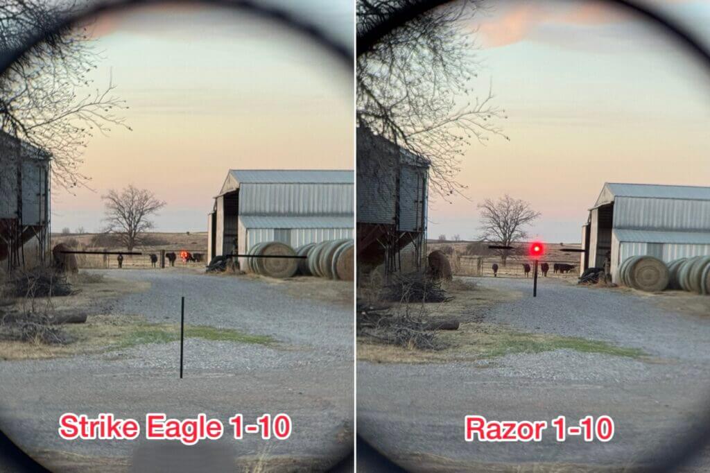 Vortex Strike Eagle 1-10x24 reticle compared to Razor 1-10 at max brightness