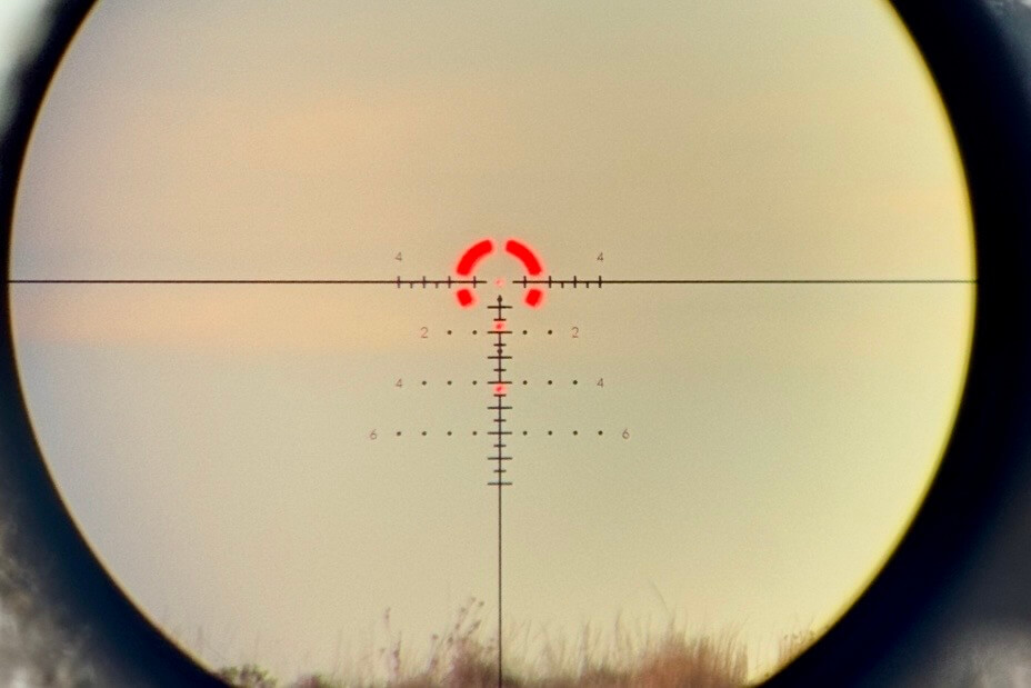 Vortex Strike Eagle 1-10x24 EBR-8 BDC reticle showing illuminated and black holdover dots from 200 to 600 yards