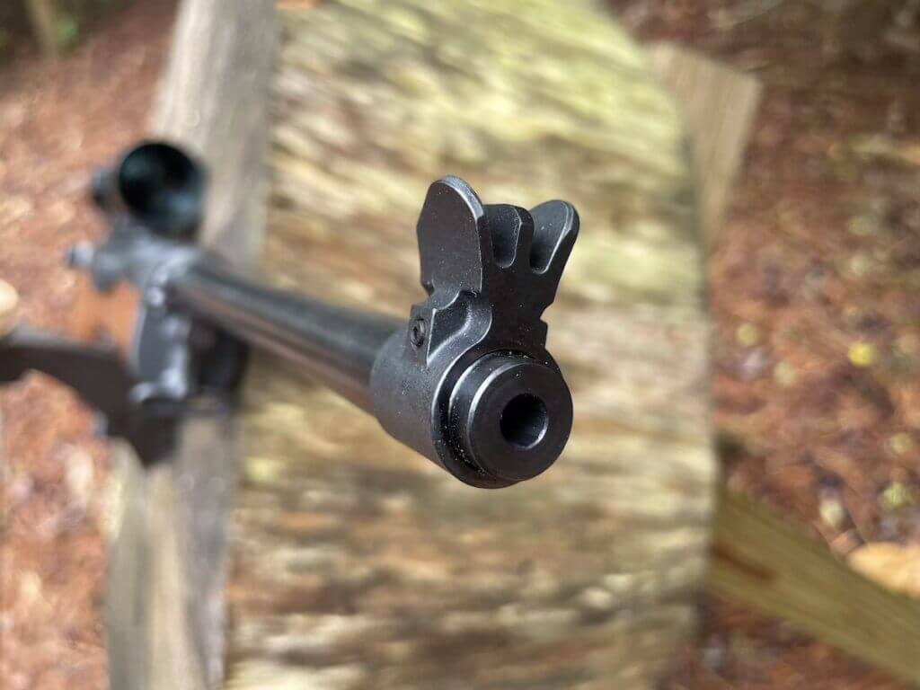 Ruger Mini-14 Ranch muzzle and front sight on traditional 5.56 rifle