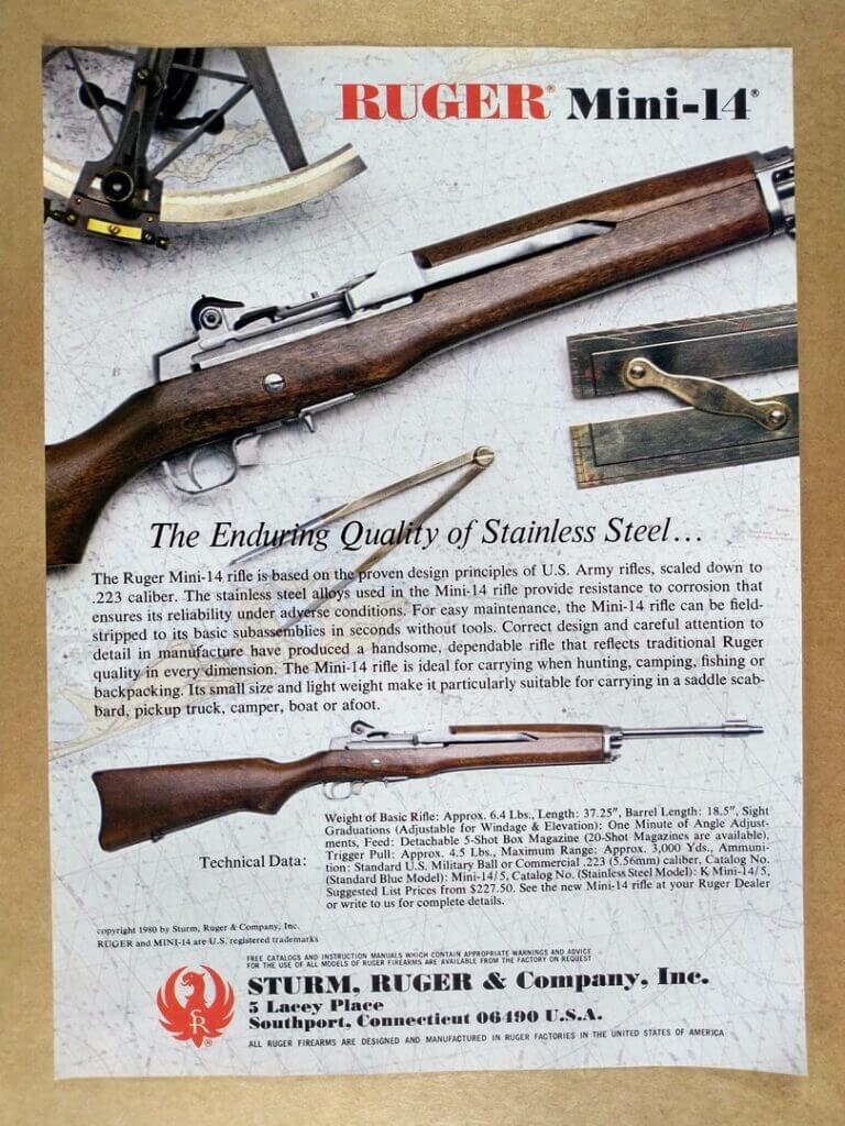 1999 Ruger Mini-14 stainless steel advertisement showing original rifle features