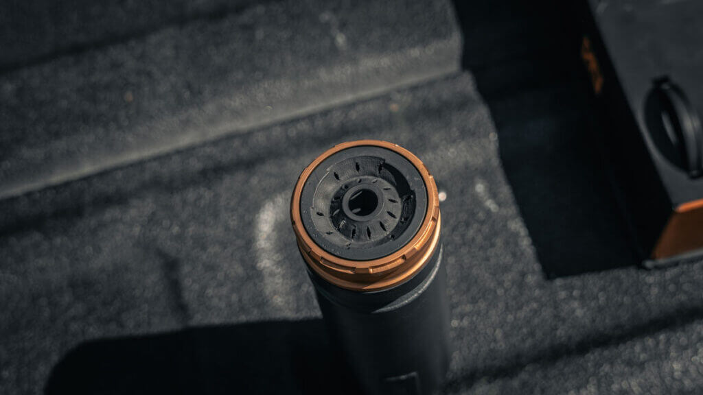 Muzzle end of the compact Tenet Limited 30 titanium suppressor