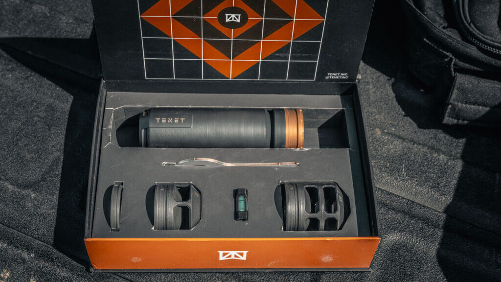 Tenet Limited suppressor kit with single port and dual port brakes displayed in the box