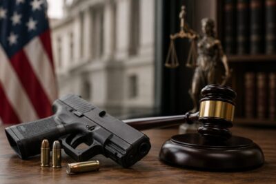 Illinois FOID card displayed beside handgun and ammunition representing the federal lawsuit challenging the state licensing requirement.