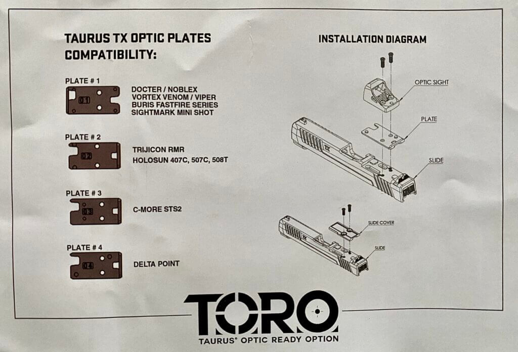 Taurus TX9 optic adapter plates for optics-ready T.O.R.O. handguns