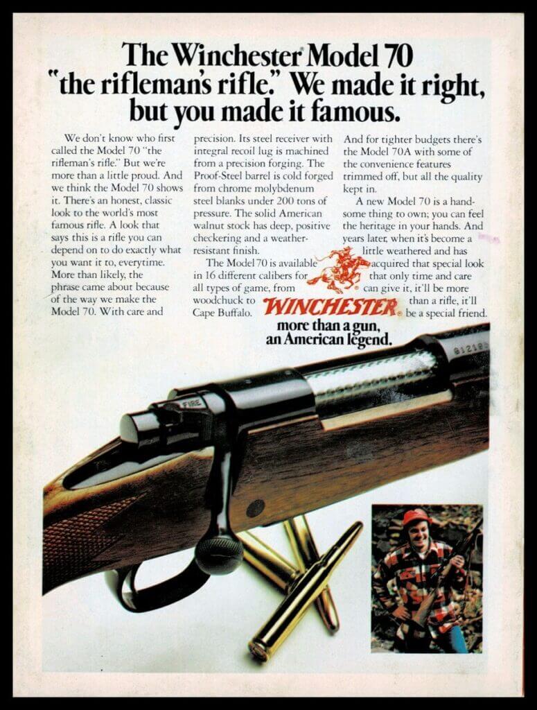 Post-64 Winchester Model 70 advertisement showing the push-feed era rifle