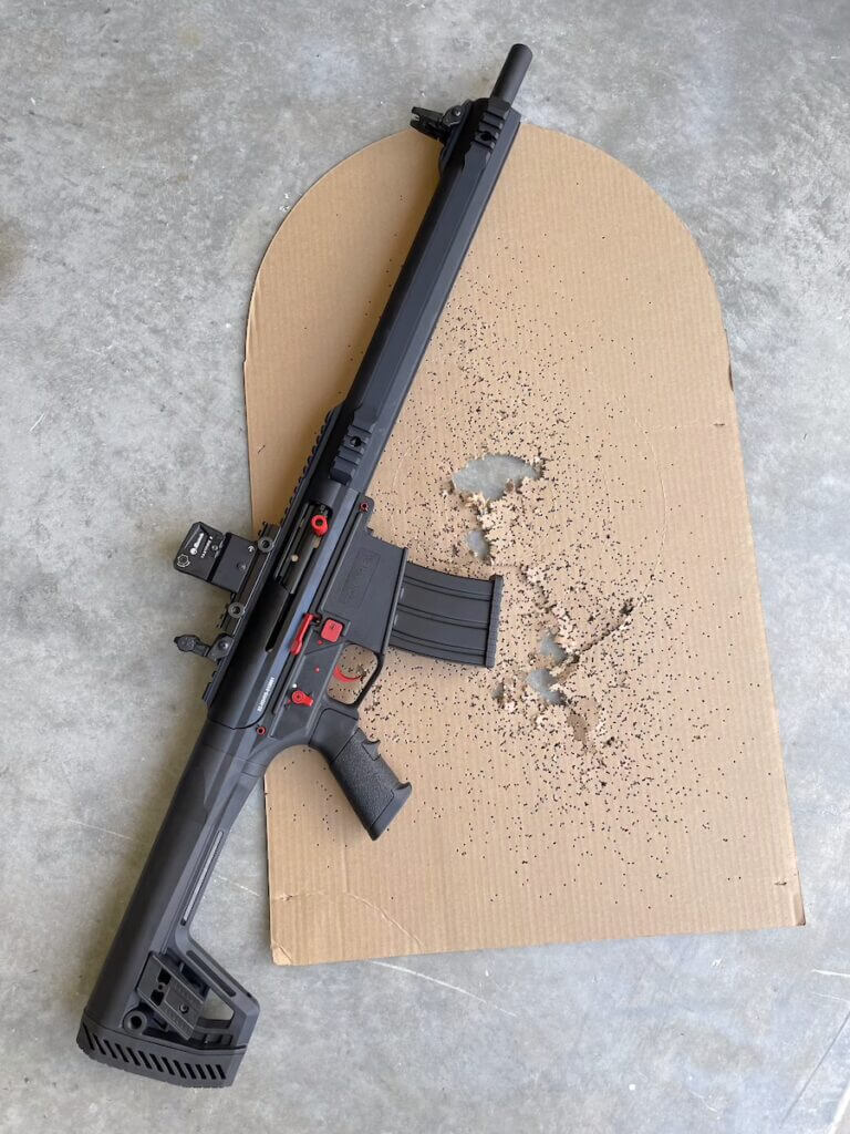 Tokarev USA TT 12 Pro shotgun with 15 yard bird shot target pattern