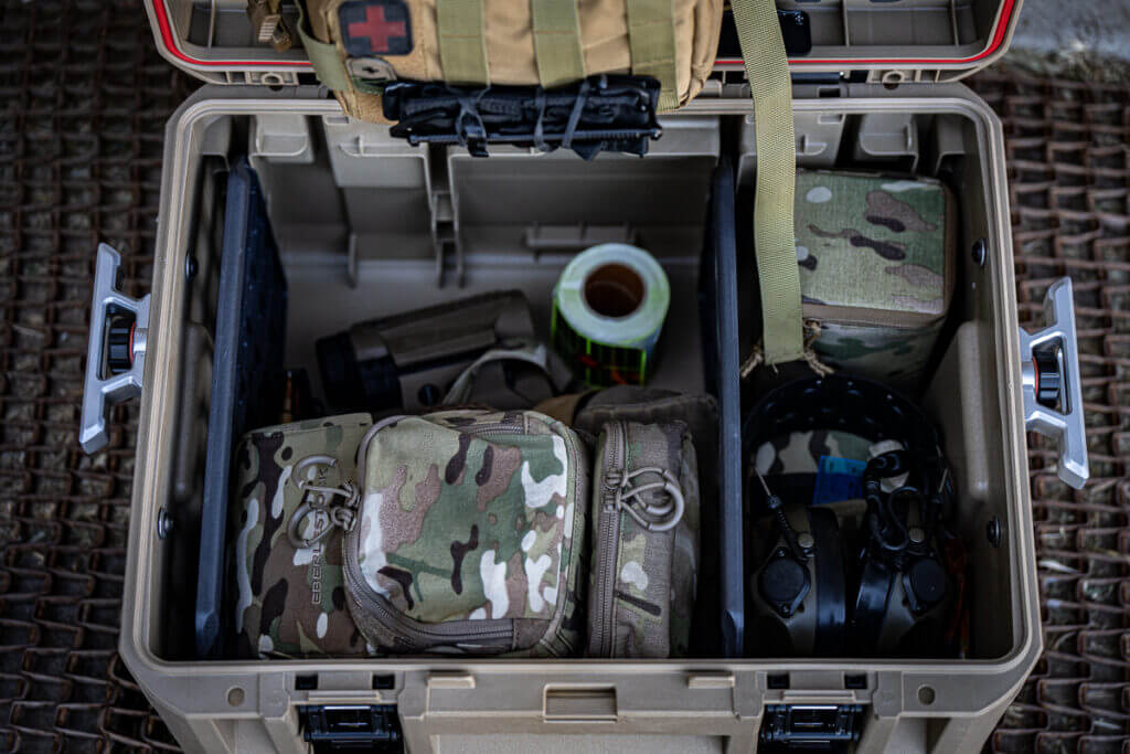 Pelican CRATE 45L divider panels arranged for custom optics range gear and hunting equipment storage