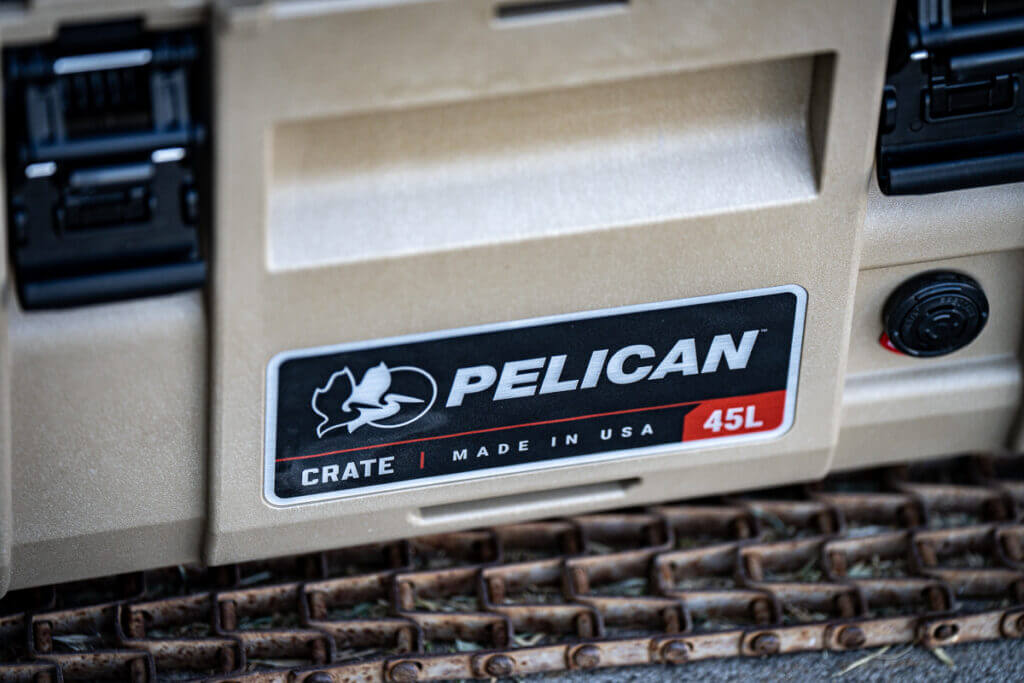 Pelican CRATE 45L made in the USA marking on premium waterproof truck bed gear case