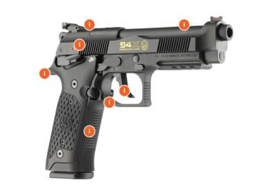 The Beretta 94X Performance competition pistol is shown in profile with callouts highlighting key features, including the optics-ready slide, enhanced frame ergonomics, Xtreme-S trigger system, aggressive slide serrations, and redesigned grip panels.