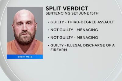Graphic showing a booking photo of Brent Metz alongside a summary of the jury's split verdict, including convictions for third-degree assault and illegal discharge of a firearm, and acquittals on two menacing charges.