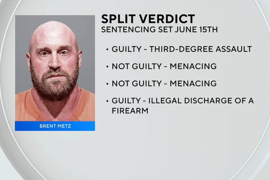 Graphic showing a booking photo of Brent Metz alongside a summary of the jury's split verdict, including convictions for third-degree assault and illegal discharge of a firearm, and acquittals on two menacing charges.