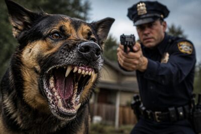 Illustration of a snarling dog confronting an armed police officer during a tense residential encounter.