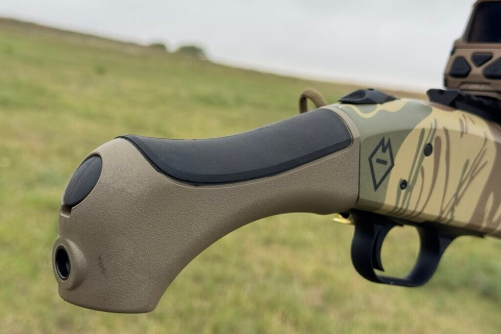 AfterShock pistol grip on the Mossberg 590 Bliksem with QD sling swivel insert and rubber palm pad