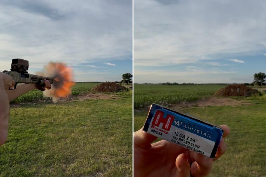 Mossberg 590 Bliksem firing 1-ounce Hornady slugs during 25-yard steel testing