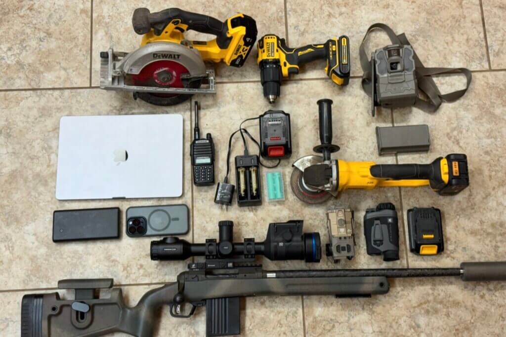 Household lithium-ion battery devices including gear used for shooting, hunting, and everyday power needs