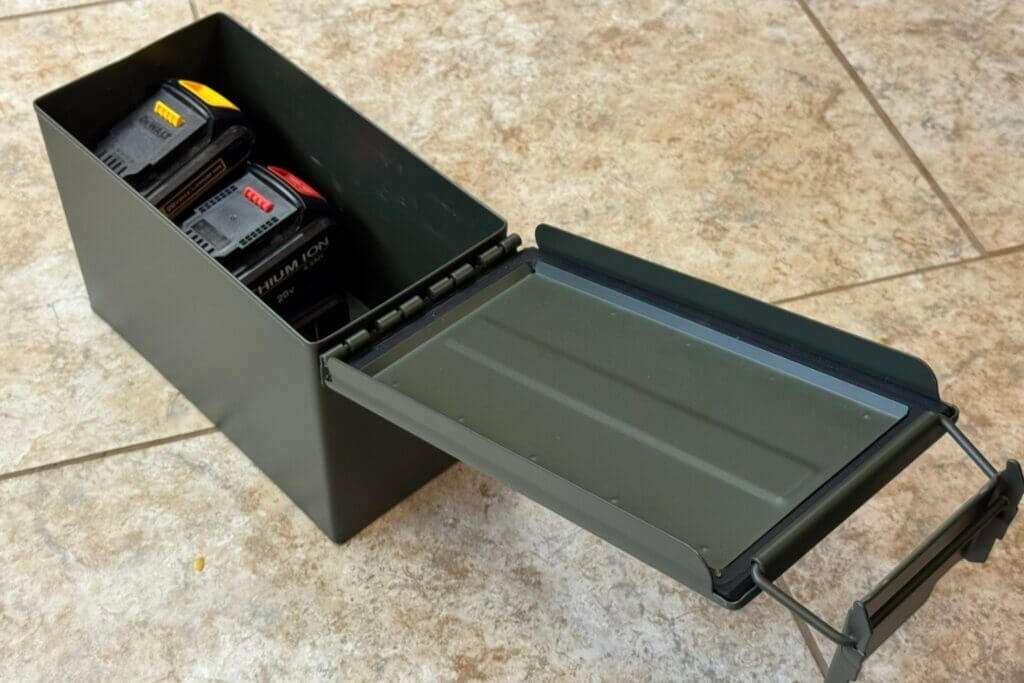 Metal ammo can used as a practical lithium-ion battery storage container