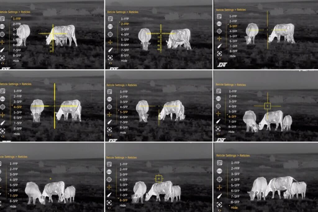Nine DNT Hydra HS335R reticle options including hide mode for scanning and video