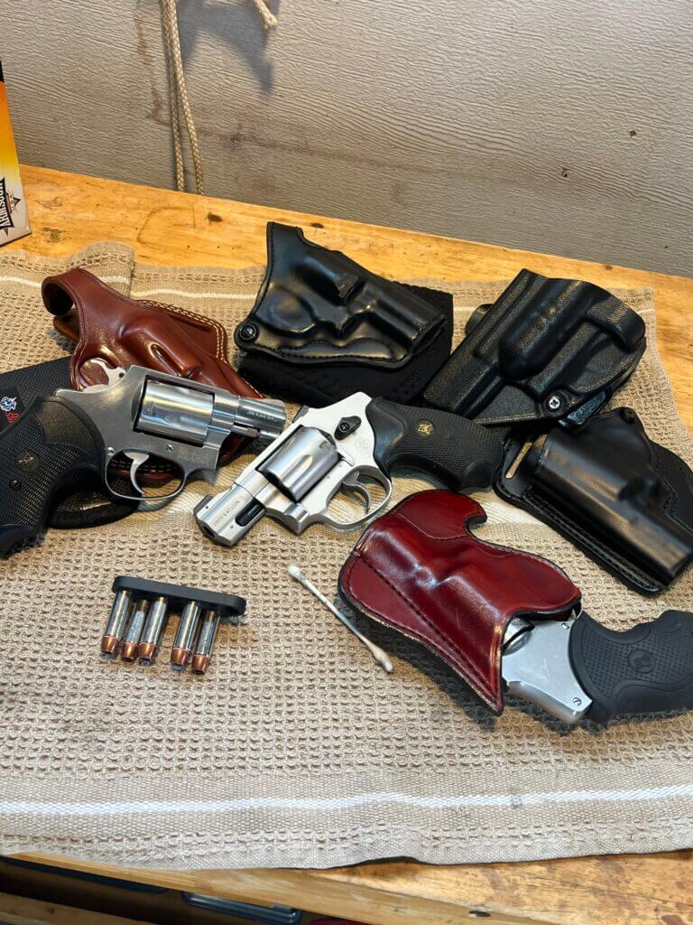 J-Frame revolvers with concealed carry holsters for pocket and waistband carry
