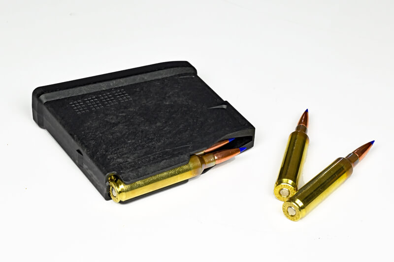 Magpul magazine loaded with 25 Wby RPM ammunition during Weatherby Model 307 reliability testing