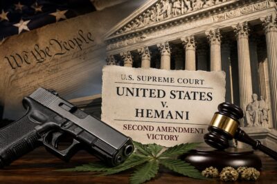 Composite image showing the U.S. Supreme Court, a handgun, a judge's gavel, and marijuana leaves representing the Supreme Court's ruling in United States v. Hemani.