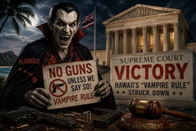 Illustration of a vampire representing Hawaii's "Vampire Rule" standing before the U.S. Supreme Court after a major Second Amendment ruling.