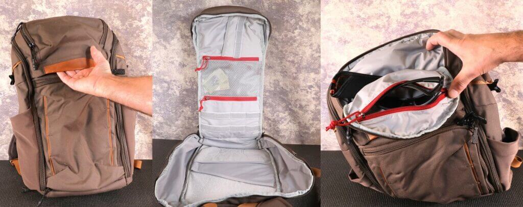 Vertyx 22L Gamut concealed carry backpack showing grab handle, clamshell opening, and eyewear pouch