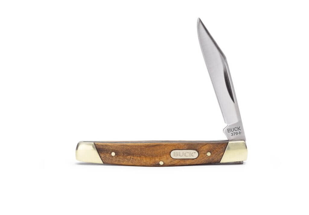 Buck 379 Solo pocket knife unfolded with classic wood grain scales
