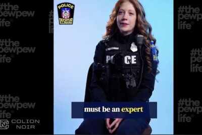 A Decatur, Illinois police officer appears in a recruitment video discussing firearms qualification standards, which Colion Noir critiques in a recent commentary.