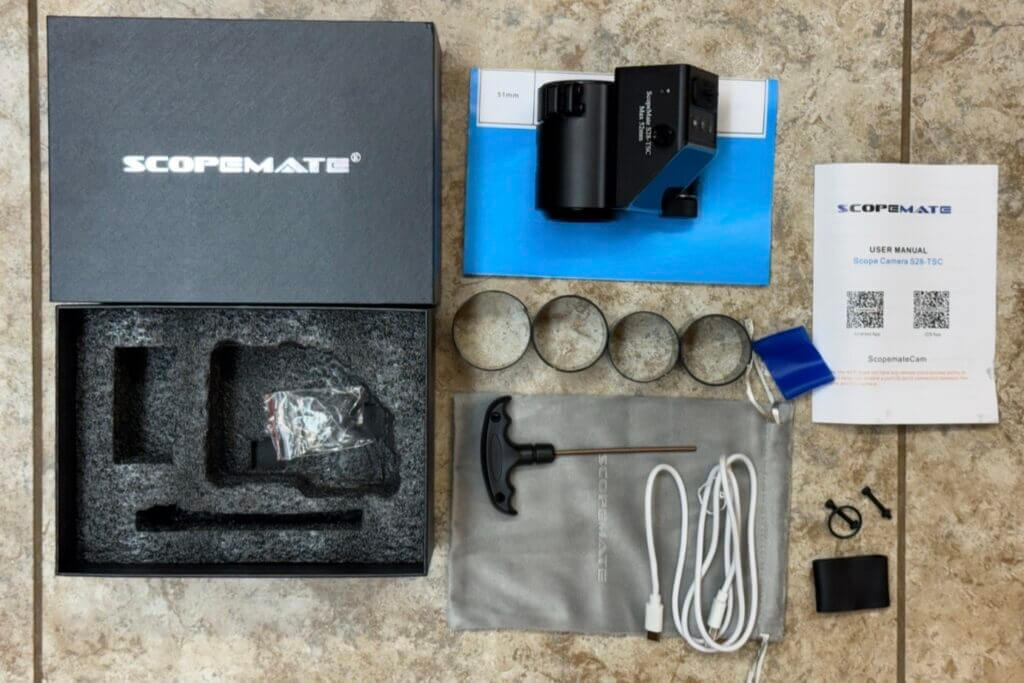 ScopeMate S28-TSC Max scope camera package with included adapters, cable, bag, and installation accessories
