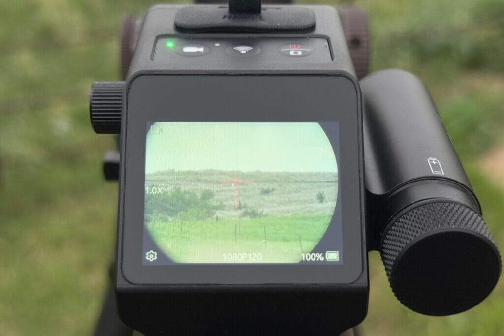 ScopeMate S28-TSC Max touchscreen showing the rifle scope recording view and camera controls