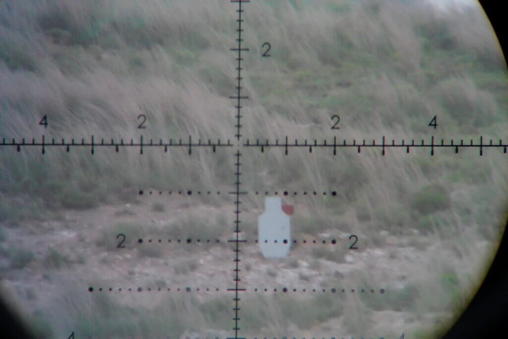 ScopeMate S28-TSC Max image of a TA Targets steel silhouette at 625 yards through a rifle scope