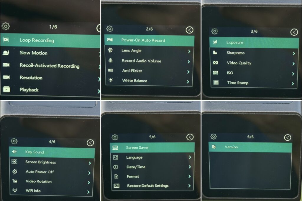 ScopeMate S28-TSC Max touchscreen submenus for resolution, frame rate, ISO, Wi-Fi, playback, and image settings