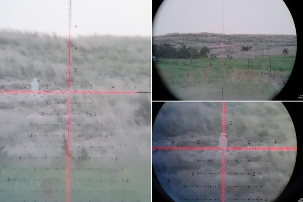 ScopeMate S28-TSC Max images at multiple scope magnifications of a target 625 yards away
