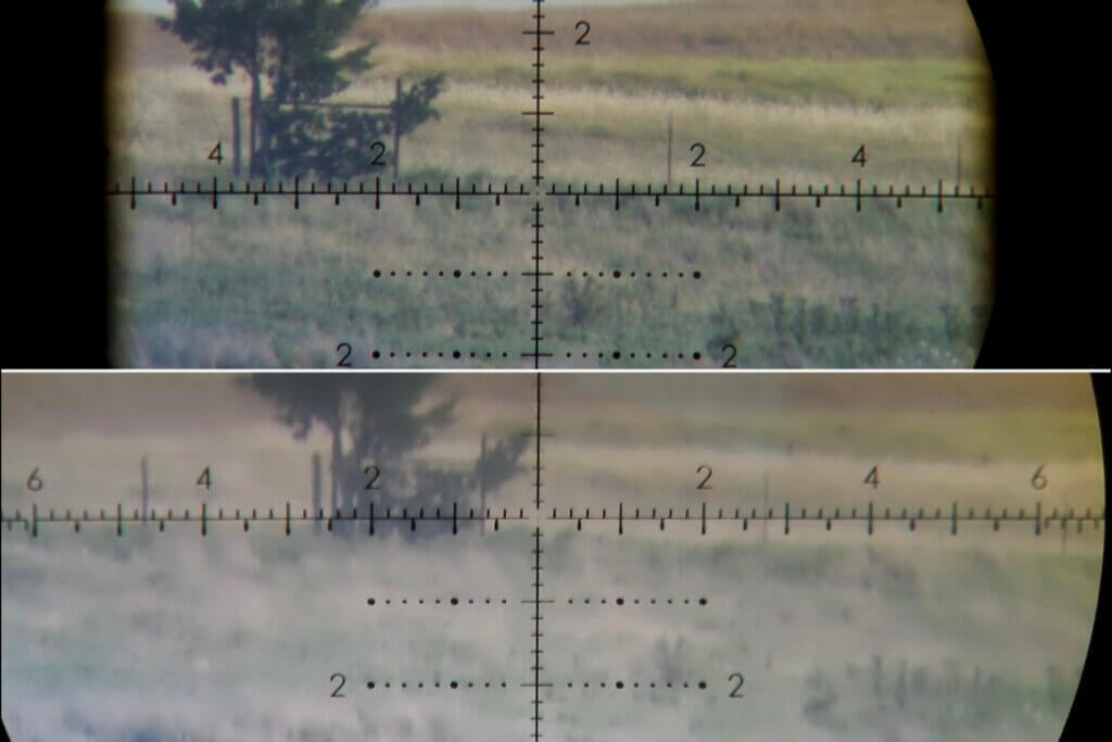 TriggerCam 2.1 and ScopeMate S28-TSC Max image-quality comparison of a fence line at 1215 yards