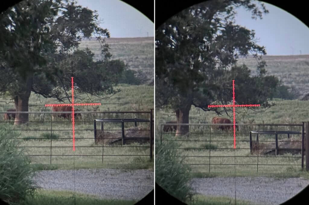 Low-light comparison through a rifle scope with and without the ScopeMate S28-TSC Max installed