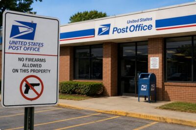 United States Post Office with a posted "No Firearms Allowed" sign outside the entrance, illustrating the federal firearm carry restrictions at USPS facilities.