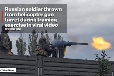A Russian soldier fires a mounted YakB-12.7 helicopter machine gun during a training exercise moments before losing control of the weapon.